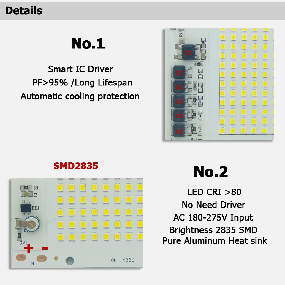 50 Вт AC220V SMD 2835 Светодиодный PCB 112x61 мм светодиодный модуль прожектора алюминиевая пластина белый/теплый SMD2835 умный IC драйвер для прожектора лампы