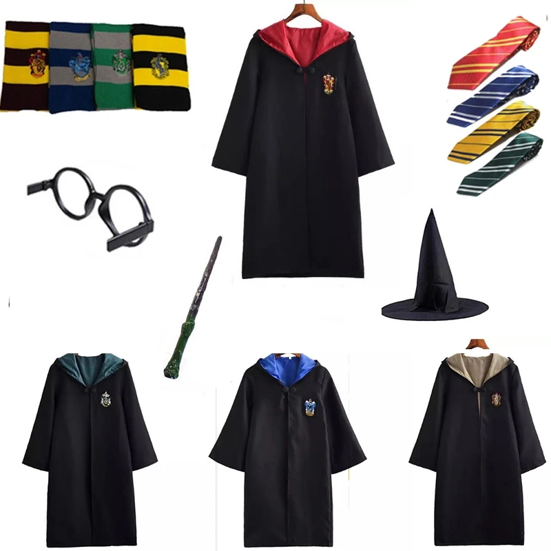

Gryffindor Potter Magic Cloak Potter Cosplay Costumes Robe Cape Tie Scarf Wand Glasses Hufflepuff Slytherin Halloween Clothing