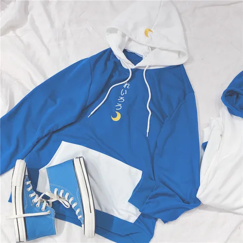 Blue Hoodies Японская Толстовка для женщин с вышивкой Луны Толстовка Harajuku Свободный Повседневный пуловер с капюшоном модная контрастная цветная толстовка женская - Цвет: Blue Hoodies