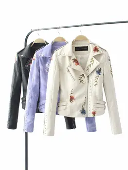 

Embroidery Pu Leather Clothing Woman 2019 Flower Decoration Leather Jacket Loose Rivet Coat
