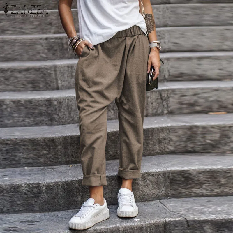 

ZANZEA Women Casual Pants 2019 Autumn Elastic Waist Drop-crotch Pants Ladies Long Trousers Female Bottoms Streetwear Pantalones
