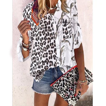 

New Spring 2020 women's shirt female clothing stand collar print floral long sleeve splicing Leopard T-shirts