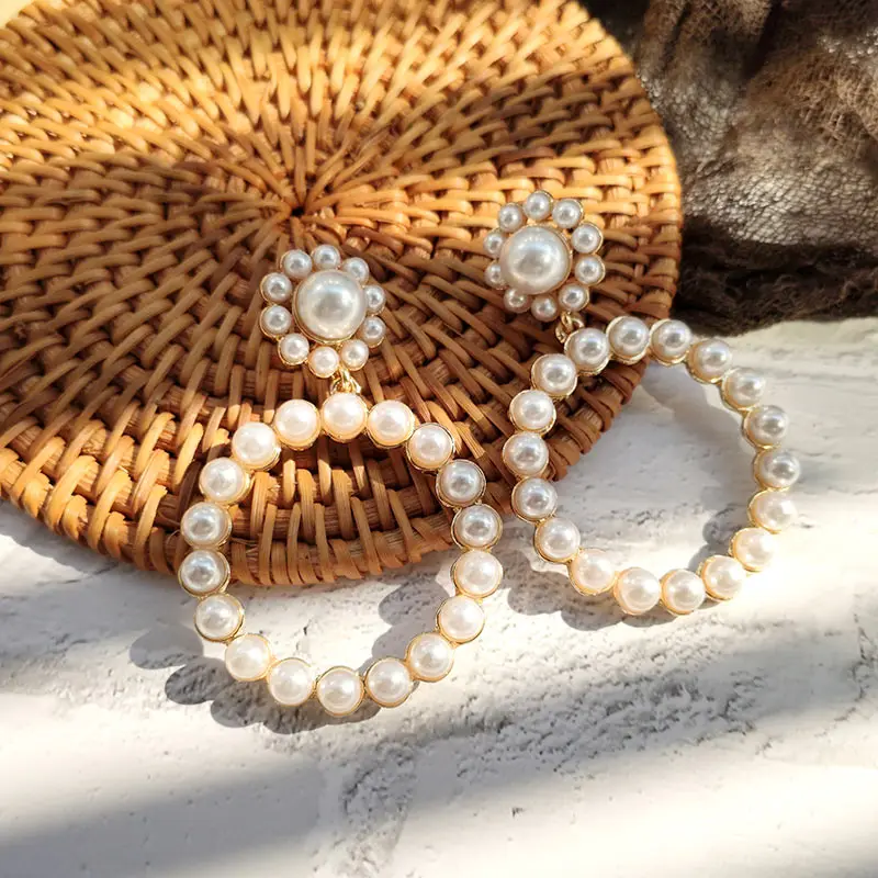 Flatfoosie New Simulated Pearl Drop Earrings For Women Geometric Round Shiny Colorful Crystal Statement Earrings Fashion Jewelry