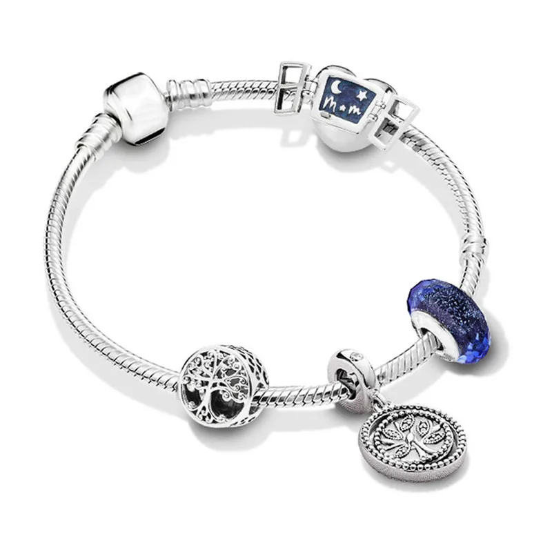 

Blue Window Heart Tree of Family Roots Charm 925 Sterling Silver Original Pans Bracelet For Women Birthday DIY Jewelry Gift