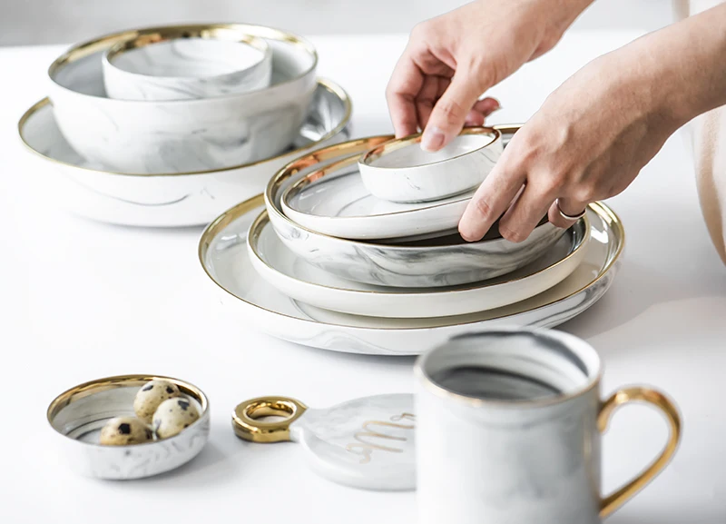 European Glod Marble Ceramic Dinner Dish Plate Rice Salad Noodles Bowl Soup Plates Dinnerware Sets Tableware Kitchen Cook Tool