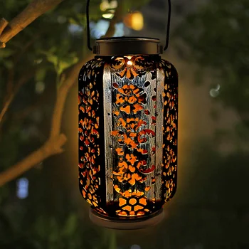 

Hollow Projection Light Iron LED Solar Retro Portable Hanging Landscape Lantern Automatically Recharging Fence Landscape