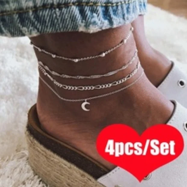 

4pcs/set New Summer Vintage Simple Trendy Moon Anklet Pendant Bead Barefoot Anklet Bracelet Chain Bracelet Set Beach Anklet