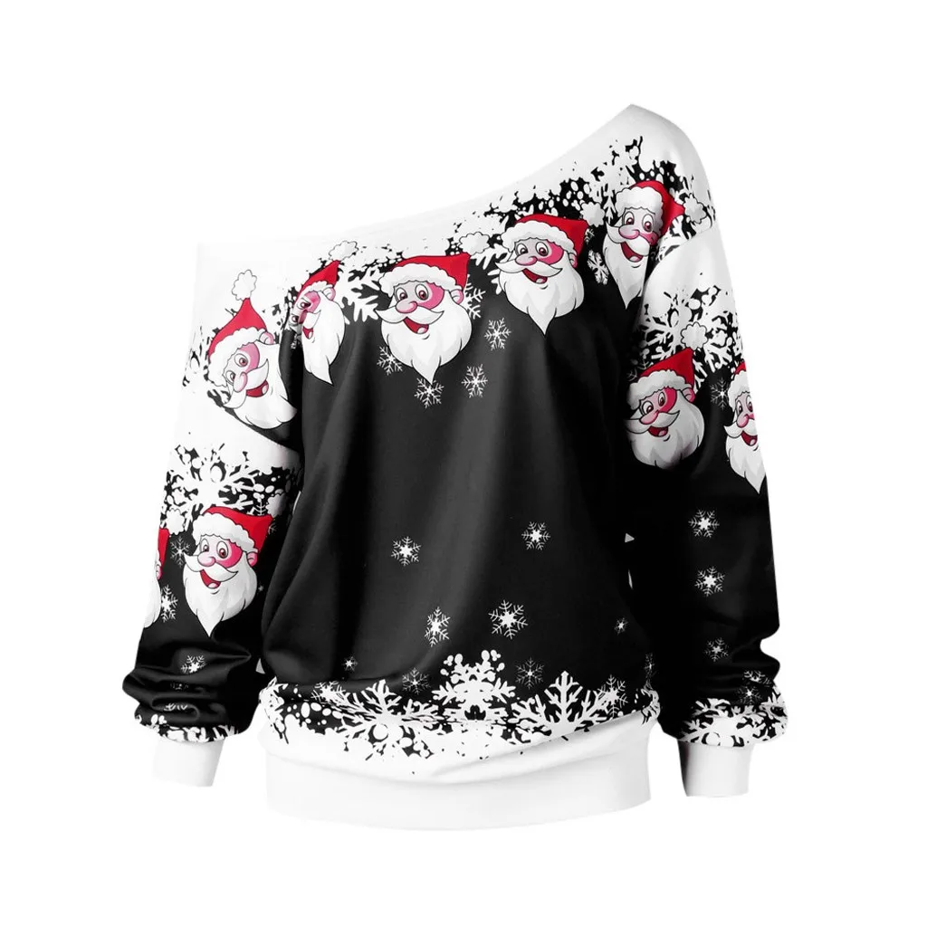 Для женщин Свитшот Merry Christmas Санта Клаус с косым воротником Женский свитшот блузка рождественские, с принтом топы размера плюс# L20 - Color: Black