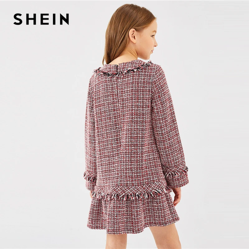 SHEIN Kiddie/клетчатое платье-туника с оборками спереди и бантом для девочек г. Осенние милые короткие платья с длинными рукавами на молнии сзади для детей