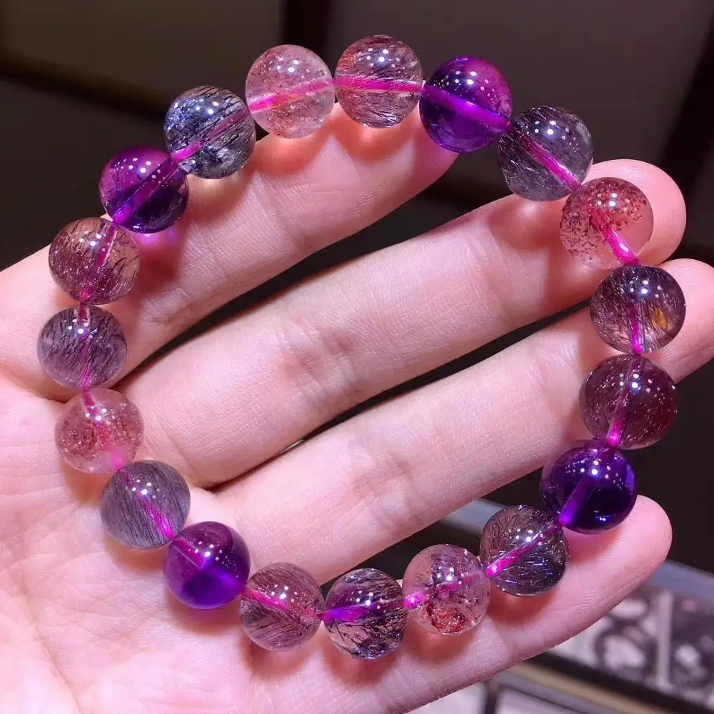 

10.6mm Genuine Natural Super Seven 7 Lepidocrocite Quartz Rutilated Crystal Round Beads Bracelet Women Men AAAAAA Certificate