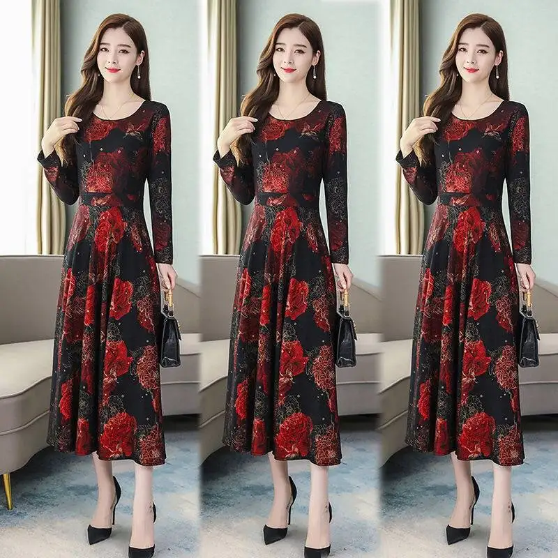 

2019 Autumn New Style Long Sleeve Floral Dress Women's Retro Big Skirt Waist Hugging Slimming Mid-length Overknee Skirt