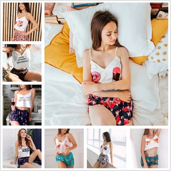 

Multi Styles Pajamas for Women Printed Sleeveless Silk Cartoon Animals Sleepwear Ladies Girls Spaghetti Summer Home Nightwear