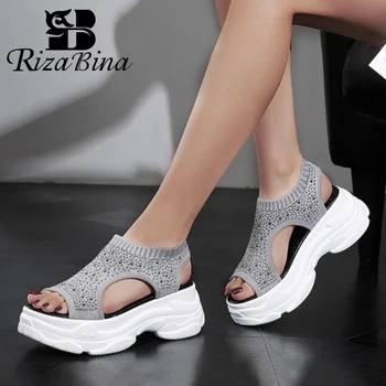 

RIZABINA Thick Bottom Women Sandals Fashion Patchwork Crystal Elastic Shoes Women Casual Soft Summer Mujer Footwear Size 34-39