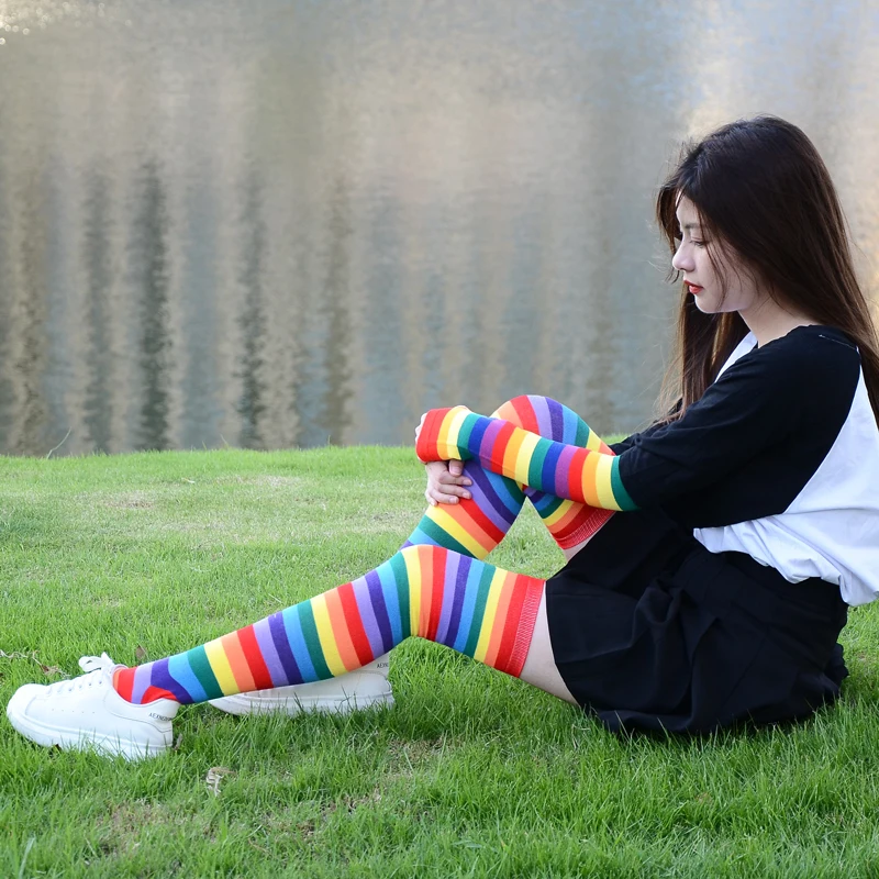 New Colorful Rainbow Stockings Cute Thigh Knee Socks Dance Socks Striped Arm Warmer Gloves Christmas Gifts Women Cosplay Costume