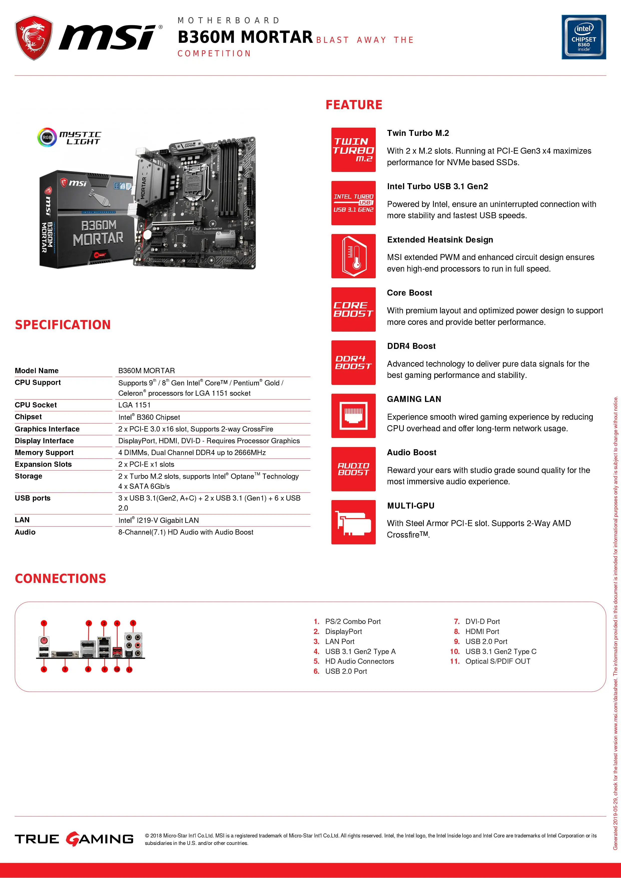 Материнская плата MSI B360M Mortar материнская LGA 1151 DDR4 USB 3 1 M.2 SATA3 CROSSFIRE M ATX + процессор Intel