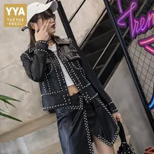 Модная женская куртка из натуральной овчины с заклепками в стиле панк, осенняя приталенная Короткая кожаная куртка с шипами, мотоциклетная куртка