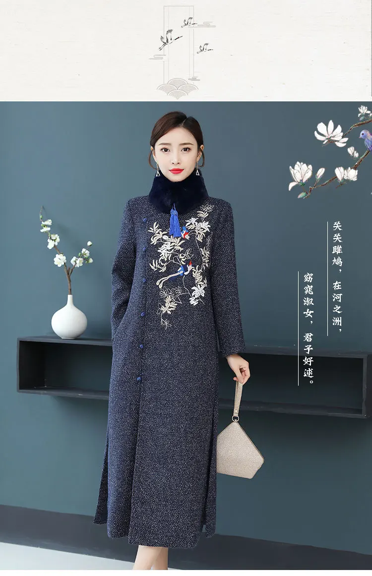 Модное роскошное улучшенное женское cheongsam зимнее Новое винтажное этническое длинное шерстяное пальто большого размера модное шерстяное теплое пальто
