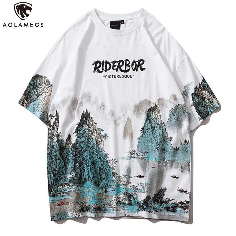 

Aolamegs Men T Shirt Chinese Painting Printed Casual O-Neck Oversize All-match Retro Ancient Culture Lovers Streetwear Summer