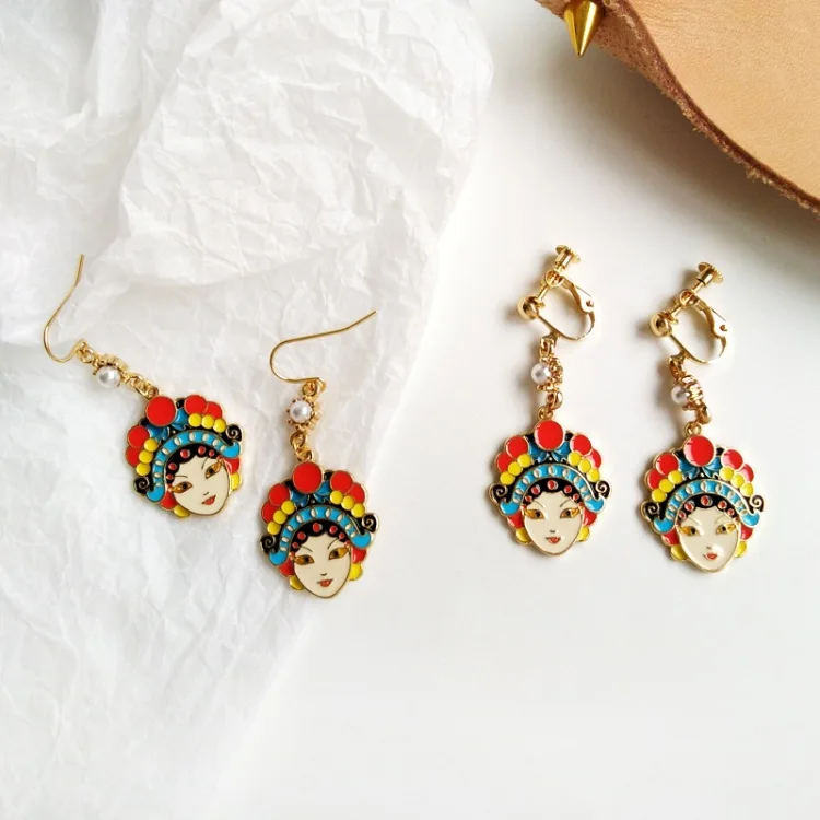

Pearl Statement Enamel Chinese Beijing Opera Masks Earrings Drop Dangle Fashion Vintage Jewelry For Women Girls Gift Wholesale