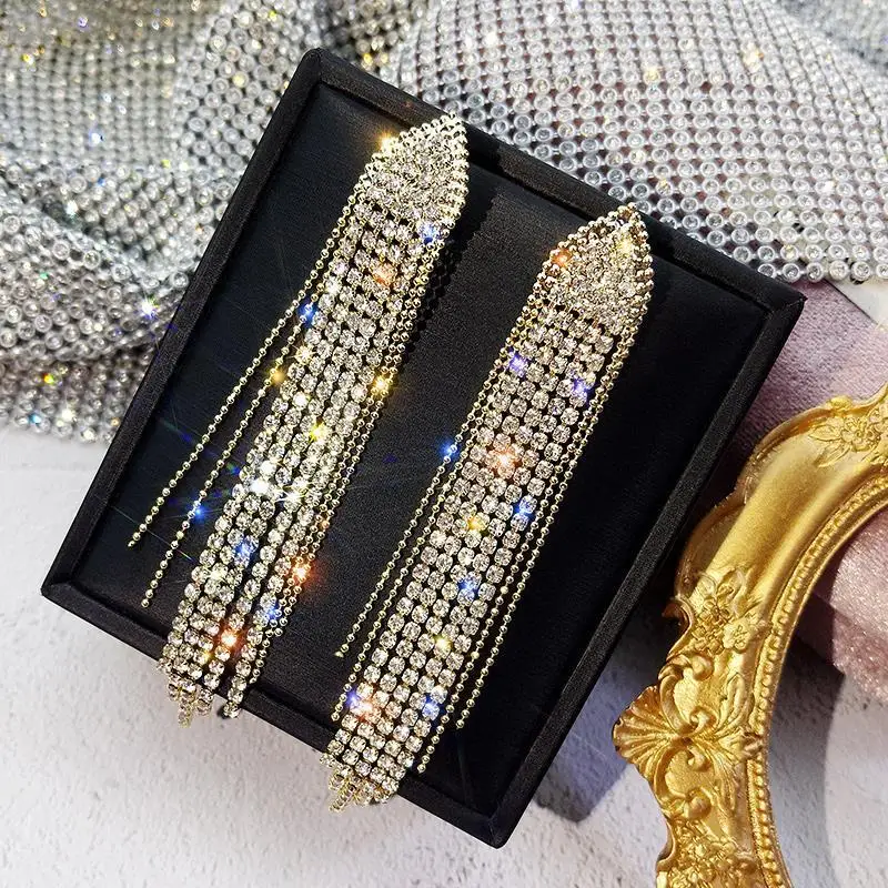 S925 Серебряные иглы длинные серьги темперамент полные серьги с кисточками со стразами женские модные корейские преувеличенные серьги женские - Окраска металла: gold