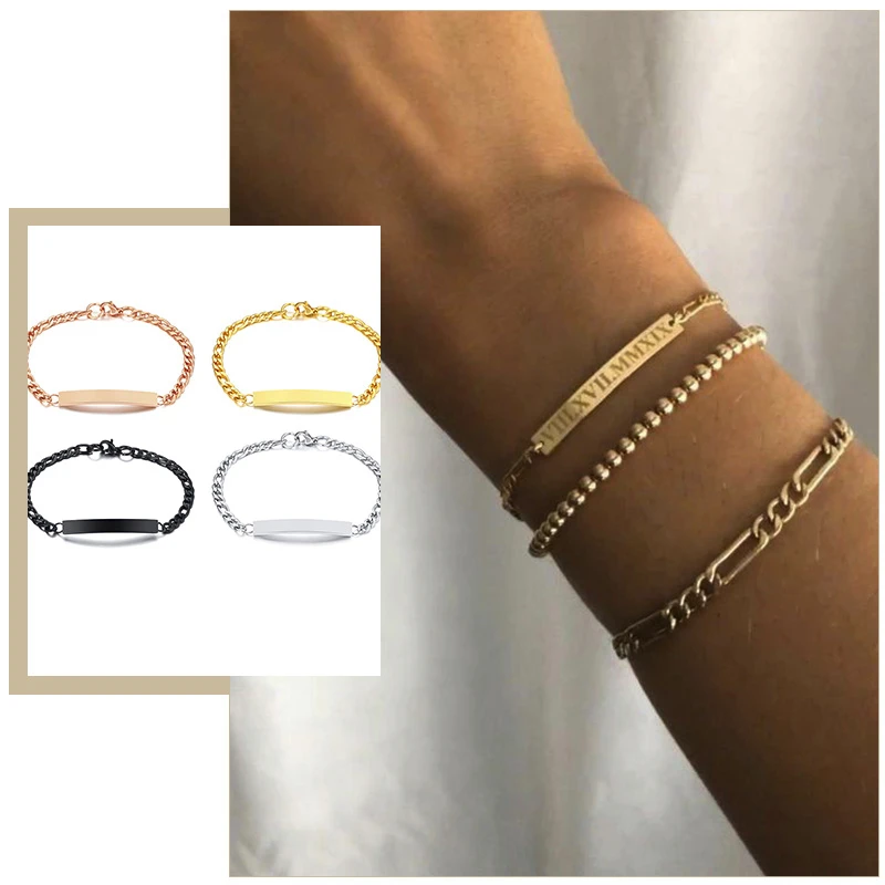 Pulsera de cadena de acero inoxidable mujer, inicial y brazalete con nombre personalizado, y regalo de cumpleaños, 5mm|Personalizado Pulseras| - AliExpress