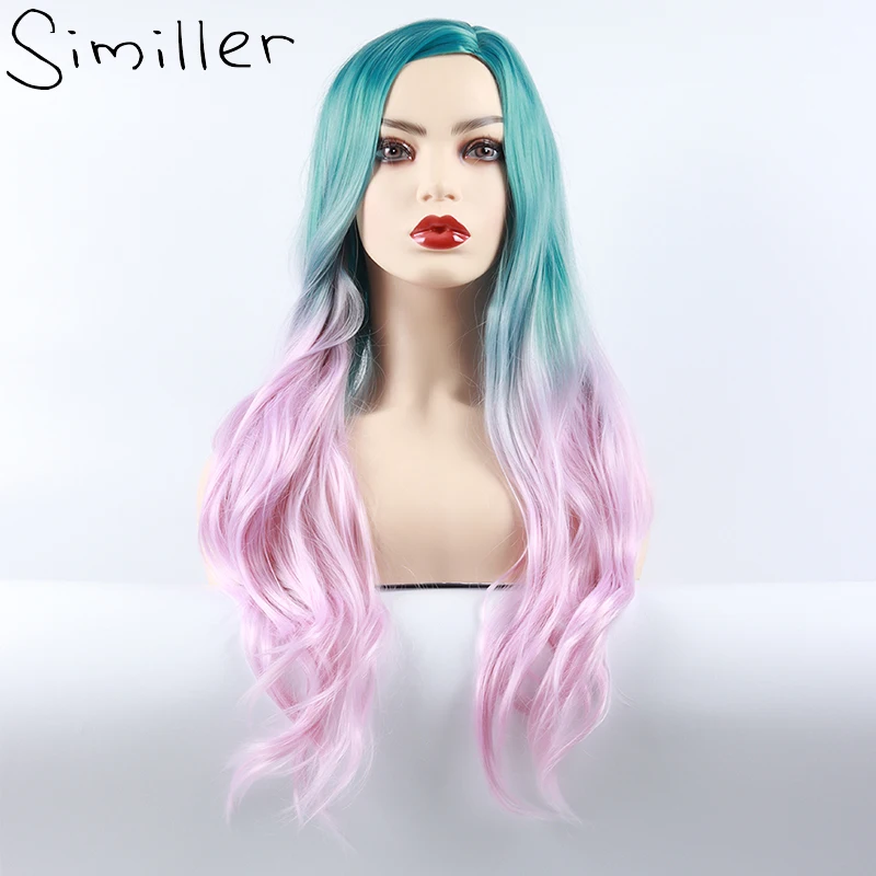 

Similler Women Synthetic Long Wigs for Cosplay Green Pink Ombre Wavy Hair Heat Resistance Fiber