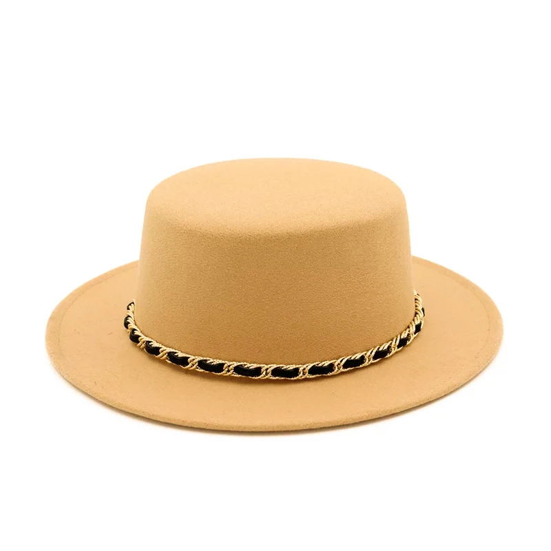 Зимняя Осенняя Женская шерстяная фетровая шляпа-канотье с плоским верхом, шляпа Федора, женская верхняя шляпа с цепочкой, с широкими полями, шляпа игрока-котелка - Цвет: 1