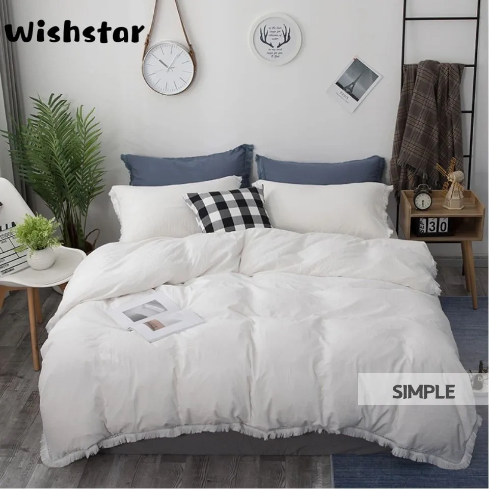 Solid White Washed Cotton Tassel Duvet Cover Set Soft Twin Queen