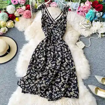 

Women Floral Beach Maxi Sundress Sexy Korean Vintage Backless Sling Dress Holiday Boho Summer Print Chiffon Long Dress