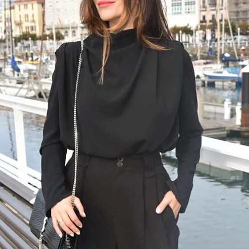 Black OOTN Женские топы и блузки с драпированным воротником, элегантная однотонная офисная блуза с длинным рукавом, женская рубашка, повседневный черный топ, уличная одежда - Цвет: Black