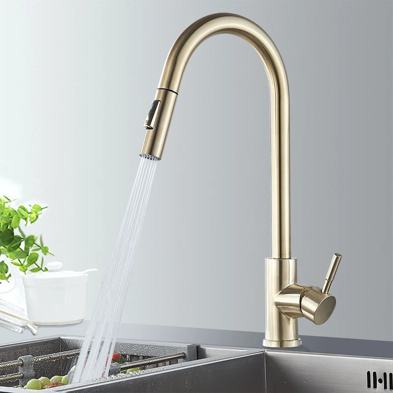 

BiNFU Brushed Gold Sink Faucet Pull Out Kitchen Sink Water Tap Single Handle Mixer Tap 360 Rotation Kitchen Faucet Tap