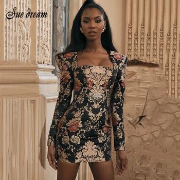

2020 New Winter Women's Dress Sexy Square Collar Long Sleeve Flower Embroidery Skinny Mini Club Party Dress