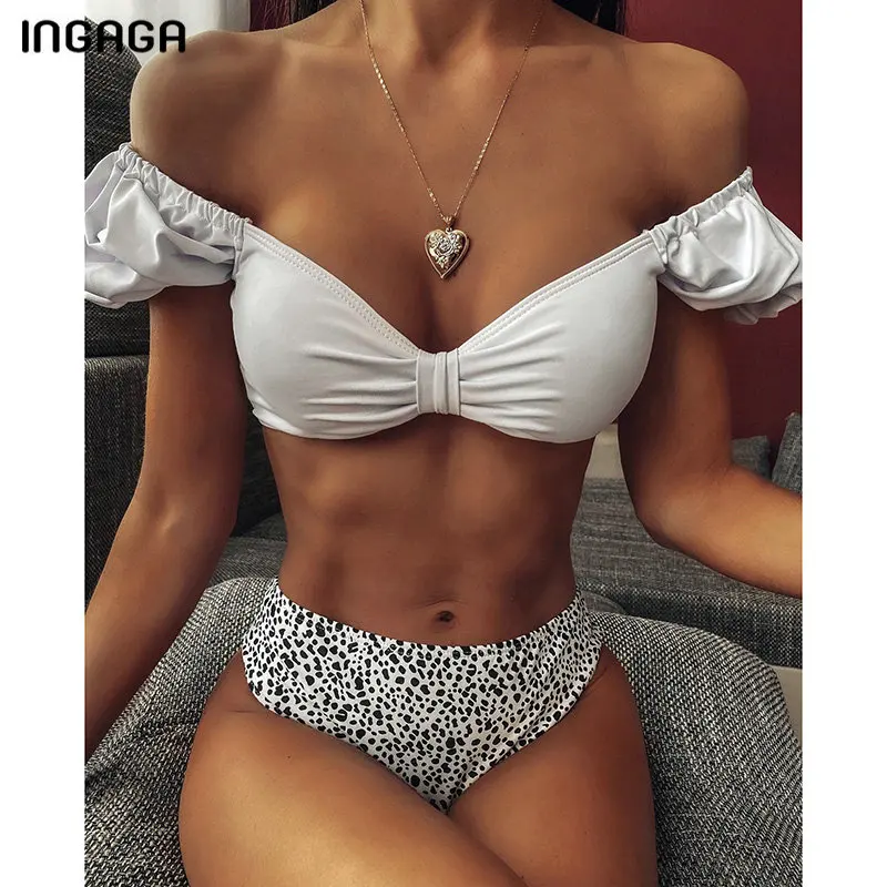 

INGAGA Sexy Push Up Bikini White Leopard Swimwear Women High Cut Bathing Suit Ruffle Swimsuit Female High Waist Biquini 2020 New