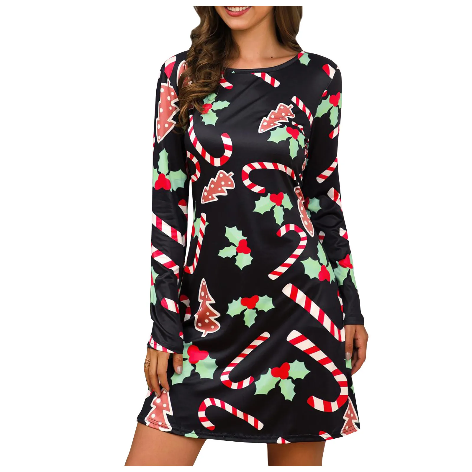 Christmas Dresses Vintage Women Fashion Casual Stitching Print Long-sleeved O-neck above knee Dress Vestido festival costumes 1