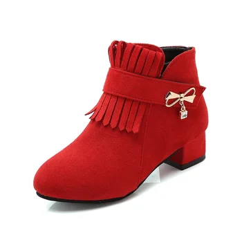 

3-15 Year Fashion Tassel Bow High Heel Girls Boots Princess Winter Short Boot Little Girls Snow Child Boots Big Kids Ankle Shoes