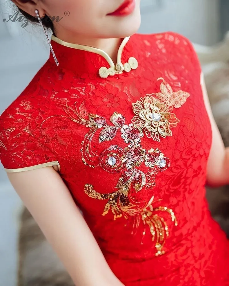 Мода Корто Cheongsam las mujeres chino tradicional de la boda Vestido de encaje rojo Qipao estilo Восточное винтажное платье