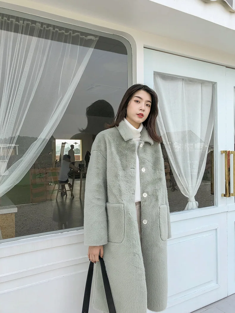 Модное Длинное меховое пальто с отложным воротником и длинным рукавом, зимнее высококачественное замшевое женское плотное пальто Casaco Feminino