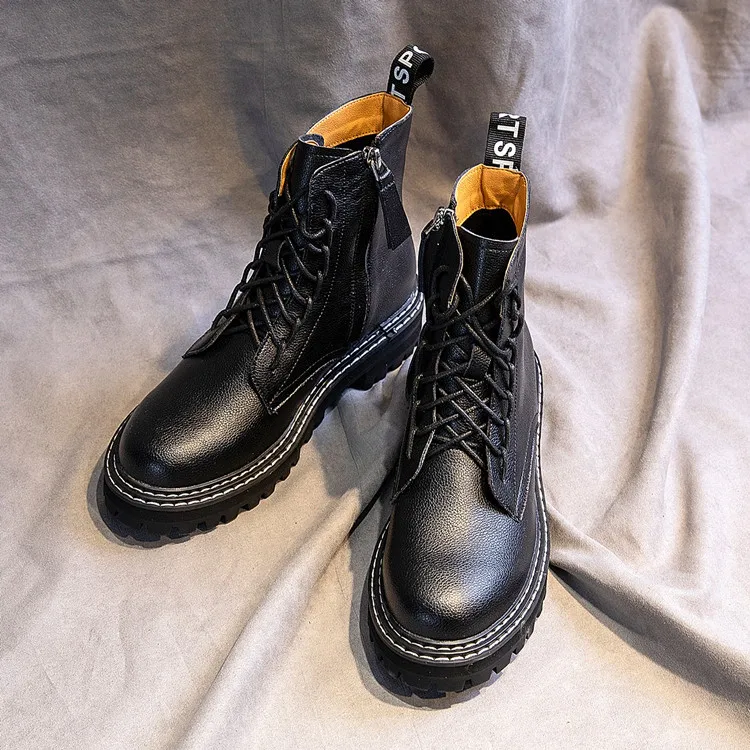 

New leather thick bottom black breathable Martin boots British wind locomotive boots