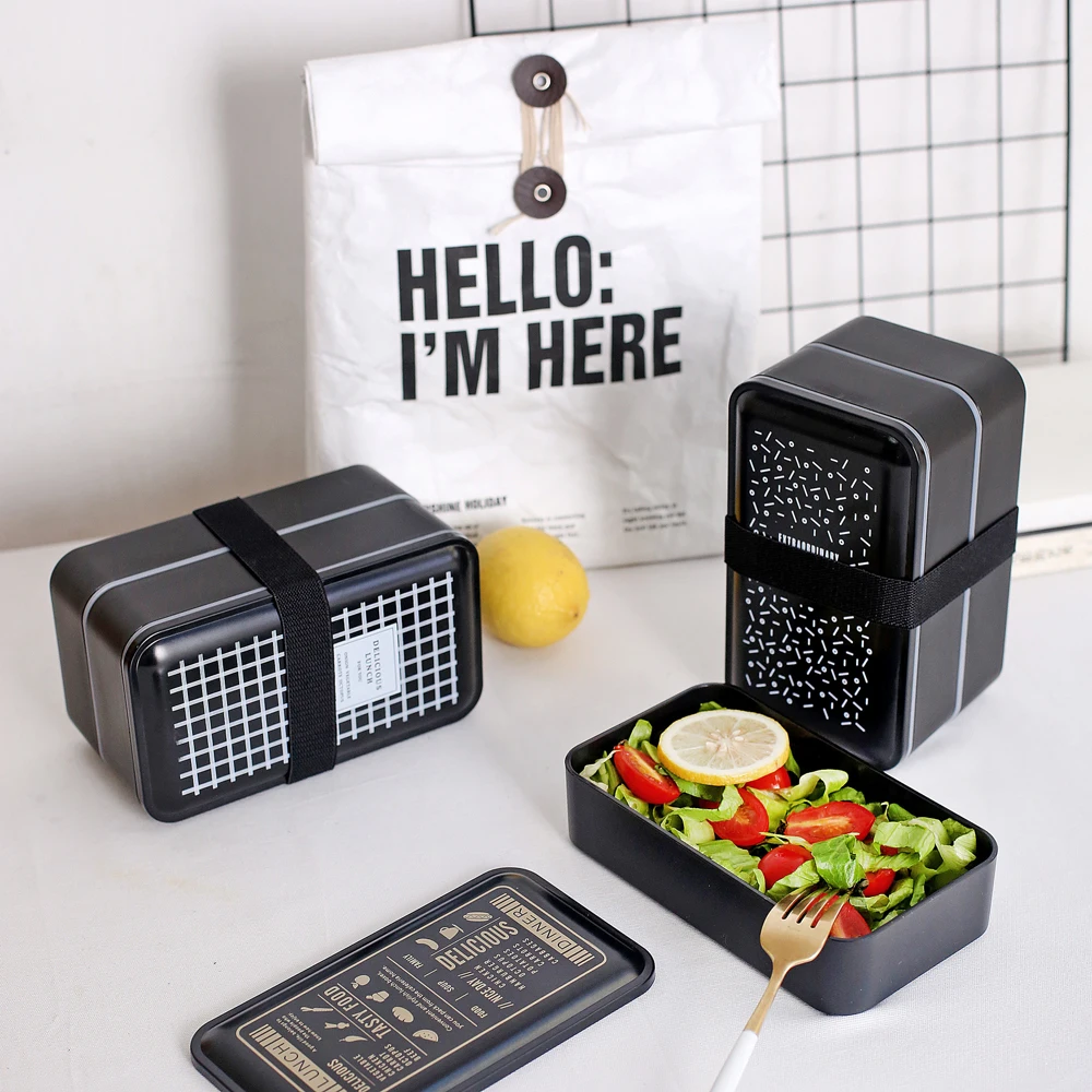 Черный двухслойный контейнер Bento для обеда коробка экологичный Полипропиленовый Контейнер для пищевых продуктов с отсеком герметичный Microwavable BPA бесплатно для детей