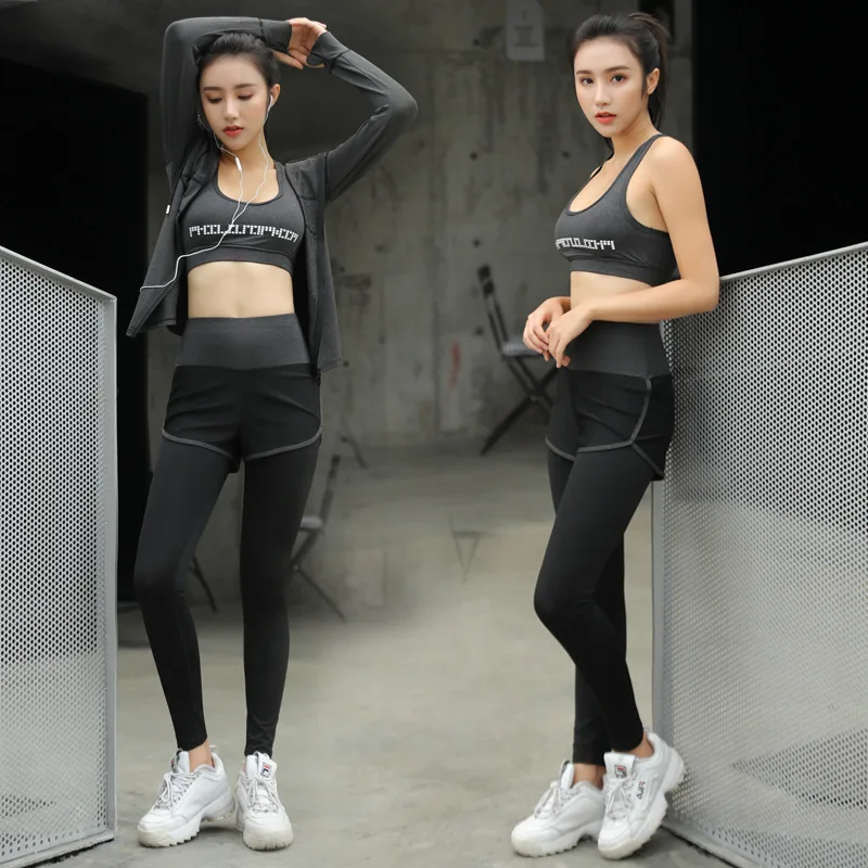 

Women's Tracksuit Quick Dry Three Quarter Sport Clothes 3 Piece Female Bra long pants Coat for Sport Yoga Runing Fitness