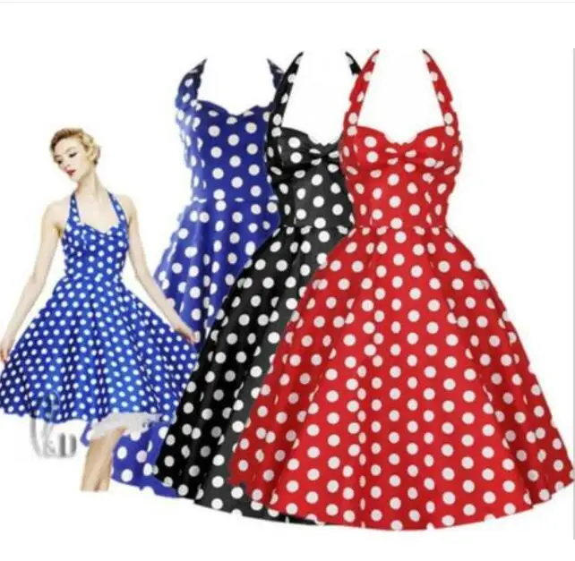 Vintage Dress Women Summer Sexy Polka Dot Print Halter Party Dresses Vestidos Plus Size Robe Pin Up Rockabilly | Женская одежда