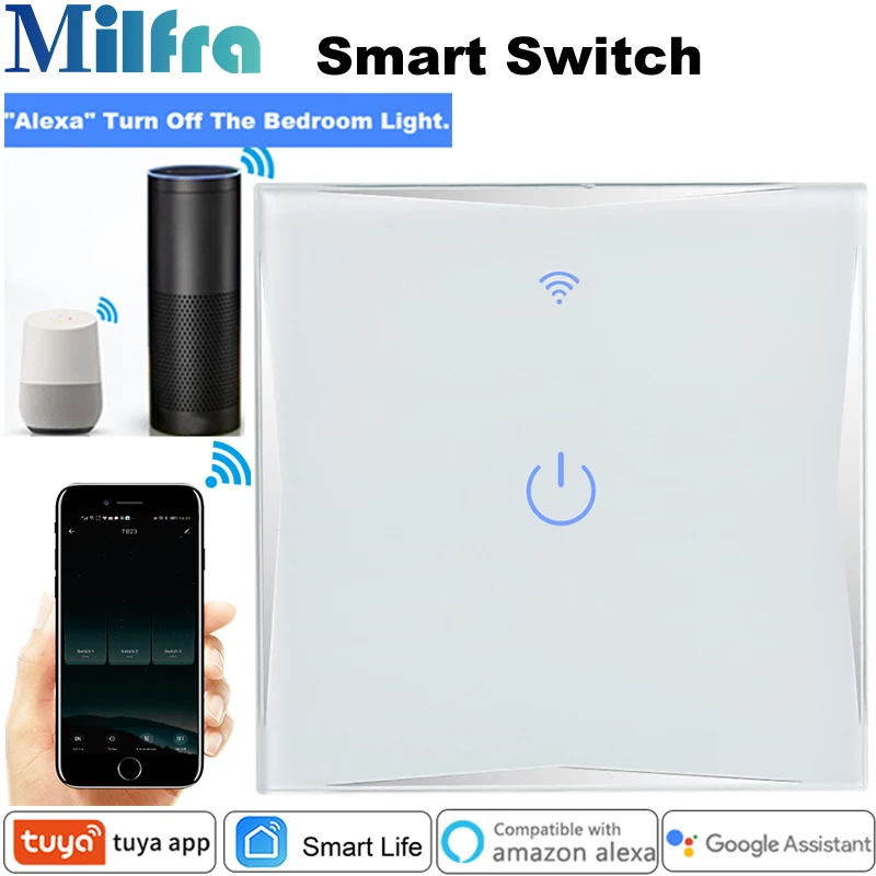 

Milfra Wifi Internet Switch Neutral Wire Required Touch Voice Phone Control Glass 86 Light Switch for Alexa Tuya Smart Life App