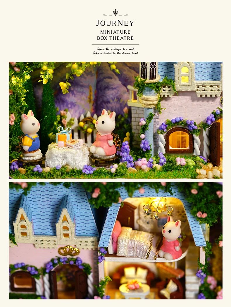 Коробка театральный кукольный домик Миниатюрная игрушка с мебели кролик DIY Миниатюрный Кукольный дом Светодиодная лампа игрушки для детей подарок на день рождения Q10