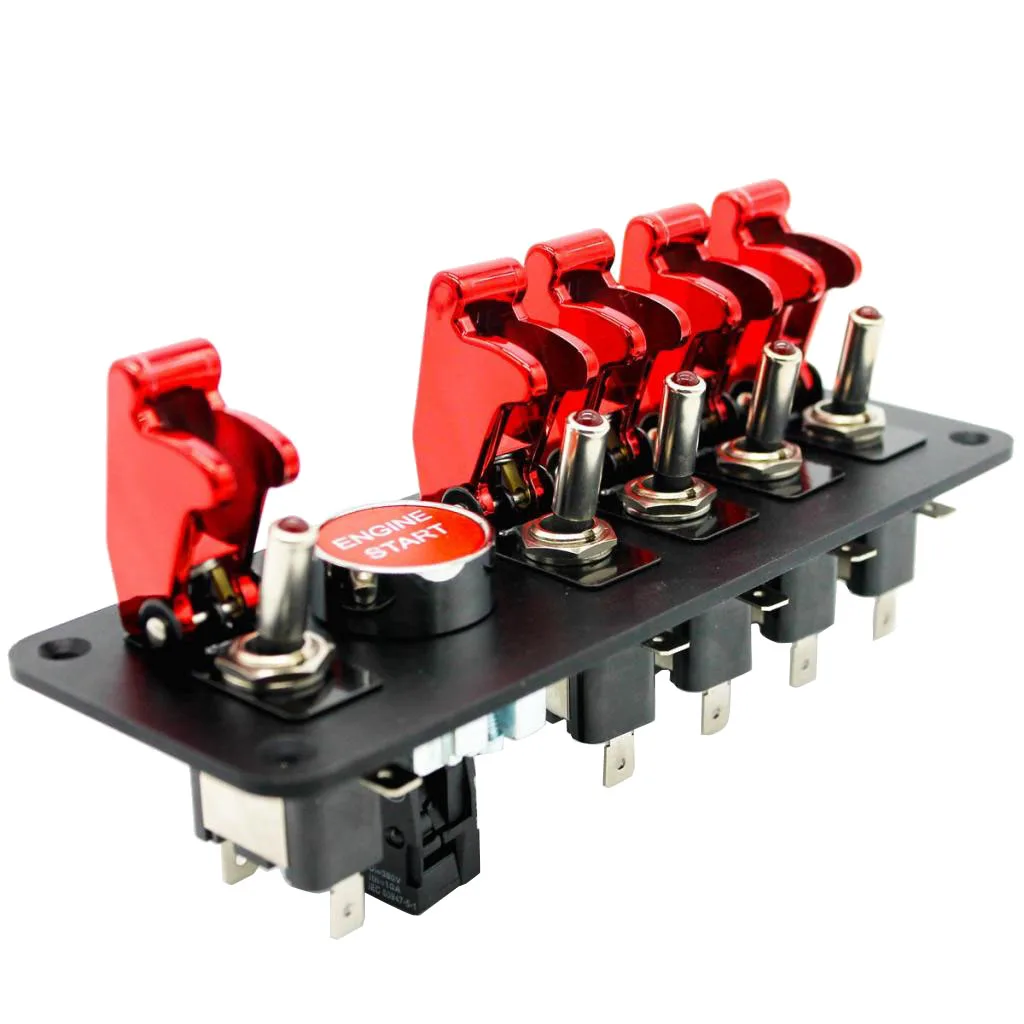 6-Gang 12V 20A Engine Start Push Button Switch Panel Red Race Car Flip-up