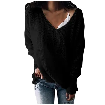 

Women Sweater Fashion Winter Casual Solid Color Long Sleeve V-neck Lazy Loose Pullover Long Sweater Sueter Mujer Invierno 2019