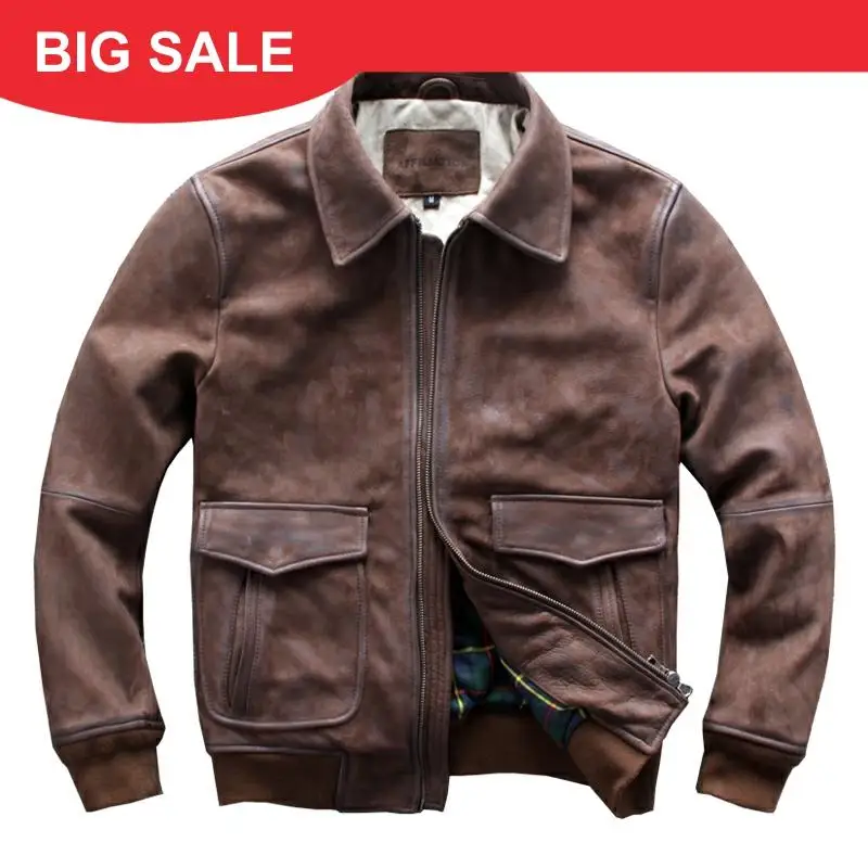 

2020 Vintage Brown Men A2 Pilot Leather Jacket Plus Size XXXL Genuine Thick Cowhide Winter Military Aviator Leather Coat