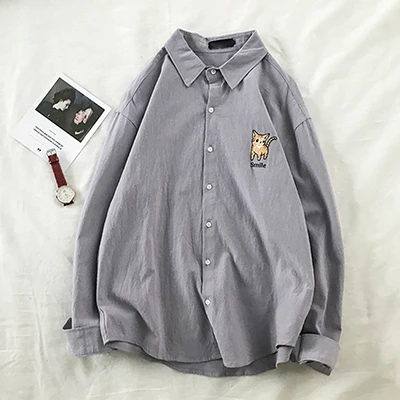 Весенние винтажные женские рубашки с длинными рукавами корейские свободные рубашки с вышивкой однотонные прямые Рубашки повседневные подходящие Блузки Топы M-2XL - Цвет: Gray