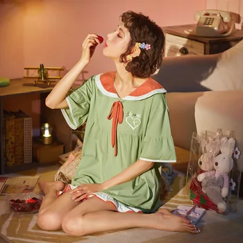 

Pygama Femme Kawaii Lingerie Cotton Pajamas for Women Girls 2020 Korean Fashion Summer Bow Short Sleeve Sleepwear Home Clothes