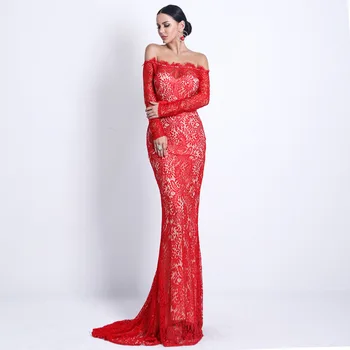 

Lace Prom Dress Women Sexy Slash Neck Perspective Trailing Evening Party Gown Elegant Full Sleeve Mermaid Vestidos De Festa