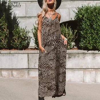 

Spaghetti Strap Leopard Dress ZANZEA 2020 Women's Print Sundress Fashion V-Neck Summer Long Dress Plus Size Sleeveless Robe 7